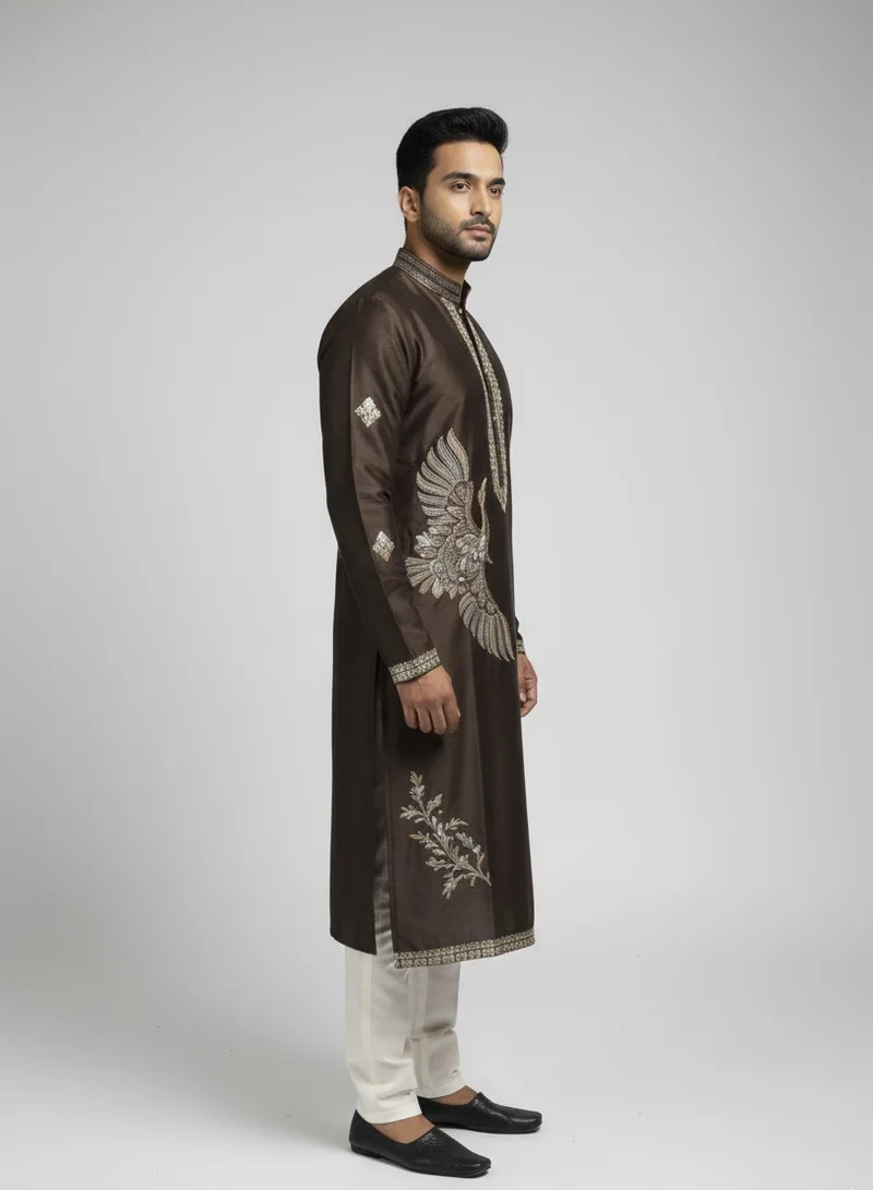 Lehar  Brown Silk Kurta Set with Intricate Multicolor Peacock Embroidery for Men | Best Price UAE