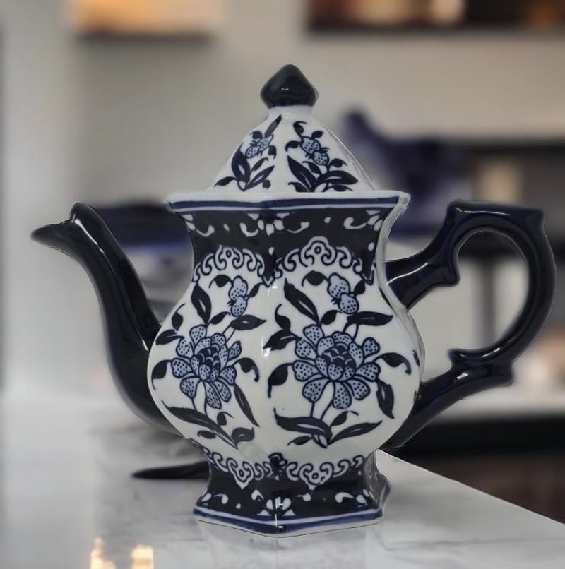 Teapot Blue and White Porcelain 16 Ounce China Coffee Pot Hexagonal