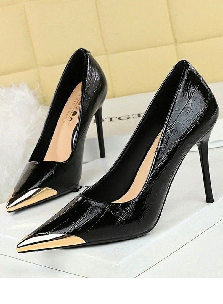 بيج تري المرأة أنيقة معدنية مغلقة أشارت إصبع القدم الكعب العالي الأسود 9.5CM - Image 1