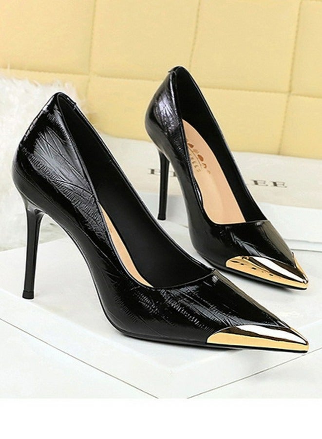 بيج تري المرأة أنيقة معدنية مغلقة أشارت إصبع القدم الكعب العالي الأسود 9.5CM - Image 2