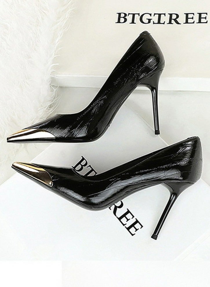 بيج تري المرأة أنيقة معدنية مغلقة أشارت إصبع القدم الكعب العالي الأسود 9.5CM - Image 3