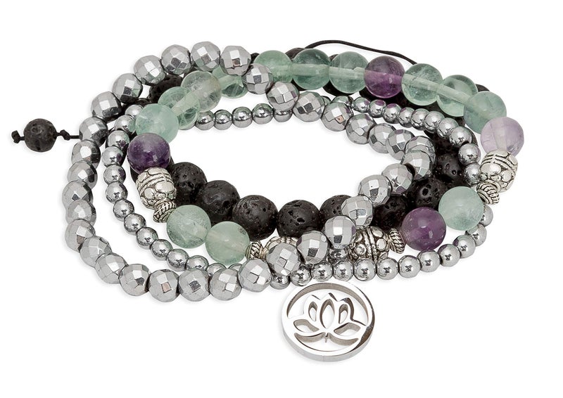 SPUNKYsoul Purple & Green Fluorite Lotus New Beginnings Bracelet Hematite for healing Stack Bracelet Set Collection - Image 1