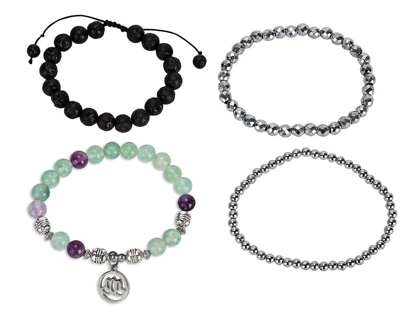 SPUNKYsoul Purple & Green Fluorite Lotus New Beginnings Bracelet Hematite for healing Stack Bracelet Set Collection - Image 3