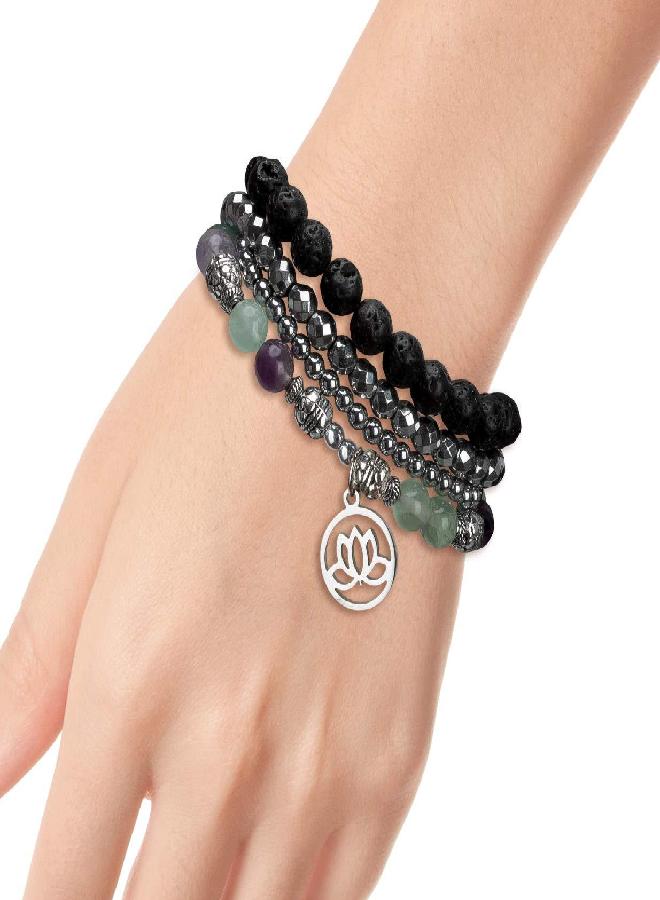 SPUNKYsoul SPUNKYsoul Purple & Green Fluorite Lotus New Beginnings Bracelet Hematite for healing Stack Bracelet Set Collection  - Image 1