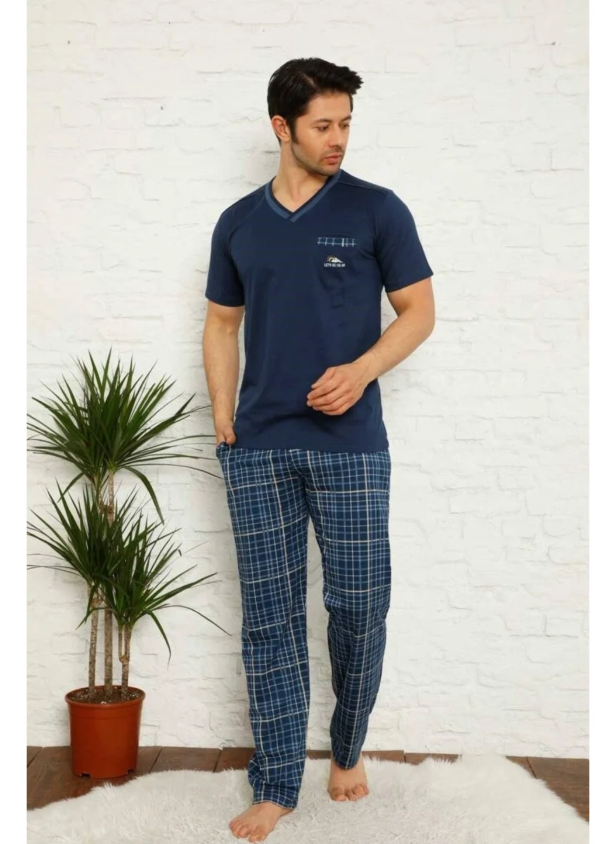 Bie'S Men's Plaid Pattern V Neck Buttonless Cotton Short Sleeve Pocket Pajama Set
