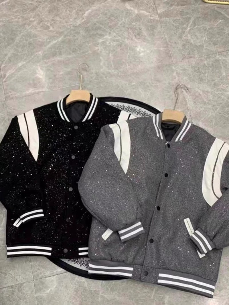 New Design Retro Patchwork Baseball Uniform Jacket With Diamonds Gypsophila Baseball Uniform Sparkling Jacket For Men And Women - Image 3