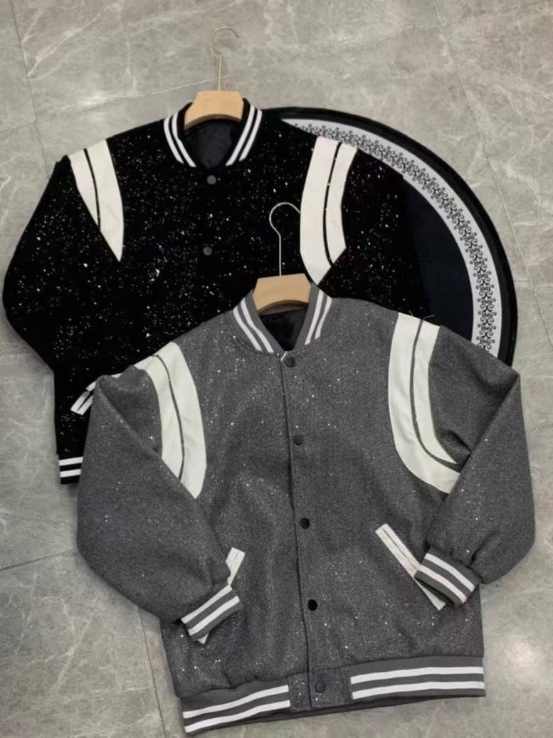New Design Retro Patchwork Baseball Uniform Jacket With Diamonds Gypsophila Baseball Uniform Sparkling Jacket For Men And Women - Image 2