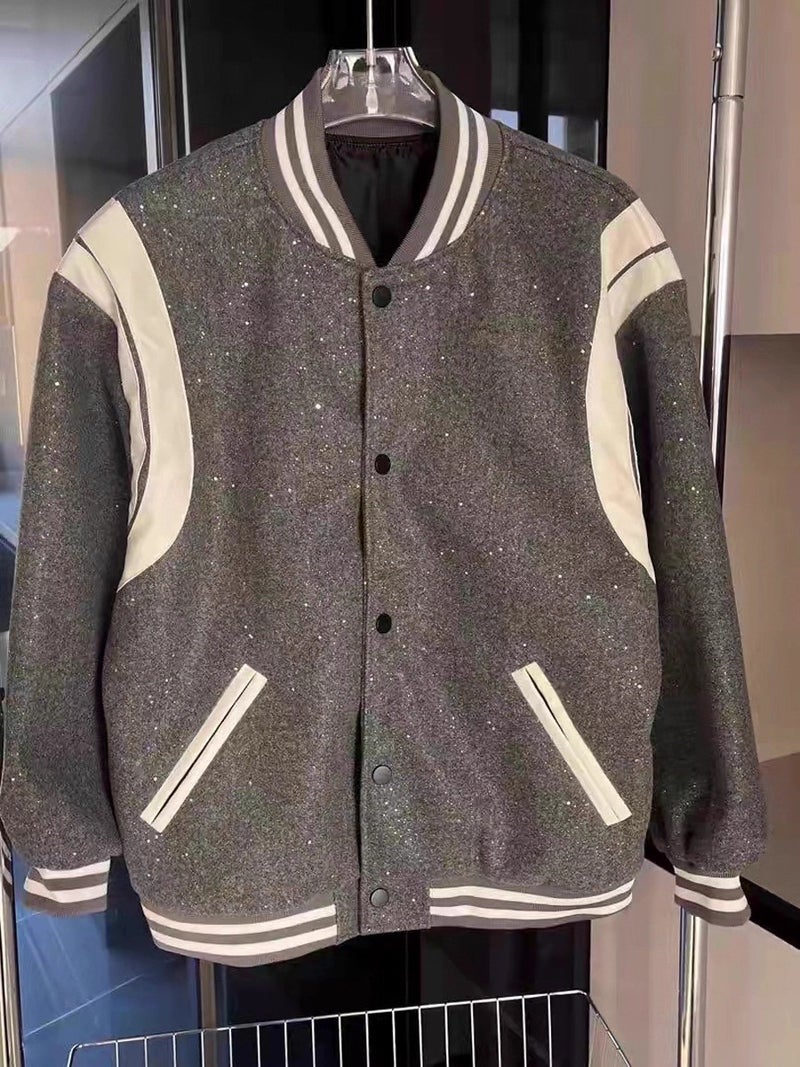 New Design Retro Patchwork Baseball Uniform Jacket With Diamonds Gypsophila Baseball Uniform Sparkling Jacket For Men And Women - Image 4