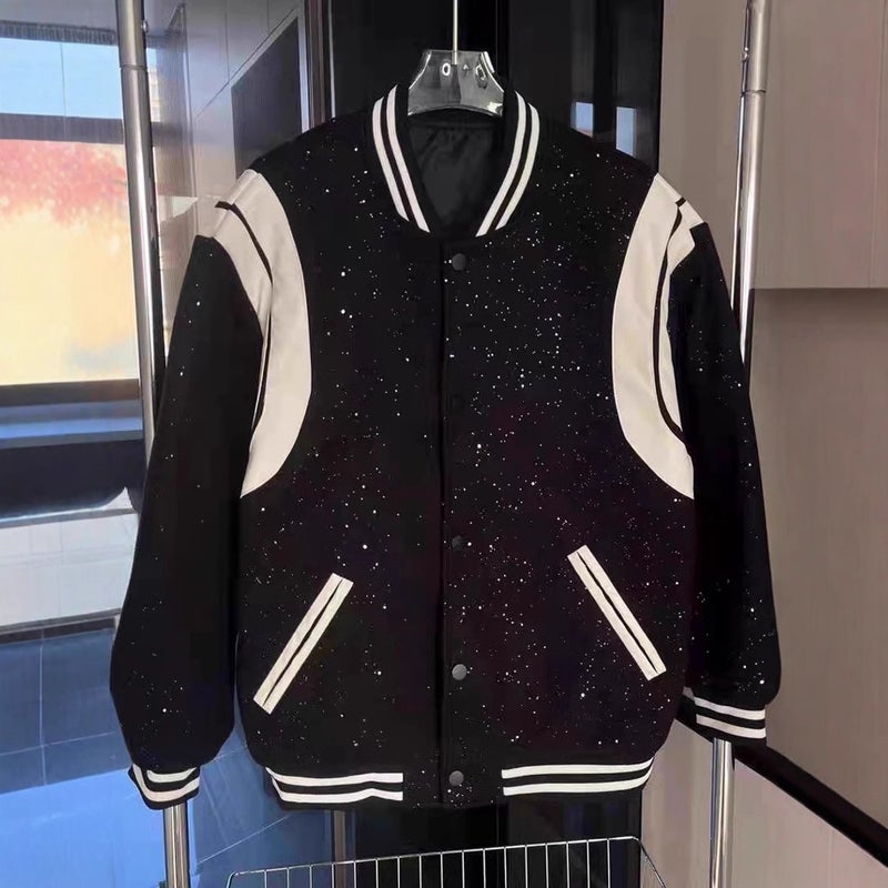 New Design Retro Patchwork Baseball Uniform Jacket With Diamonds Gypsophila Baseball Uniform Sparkling Jacket For Men And Women - Image 1