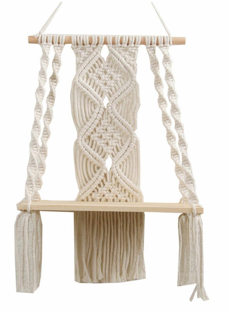 Excefore Wall Hanging Shelf Boho Decor Wood Floating Shelf for Bedroom Living Room Nursery Bathroom, Handmade Woven Rope Storage Rack for Photo Frames Plant Display  - Image 1