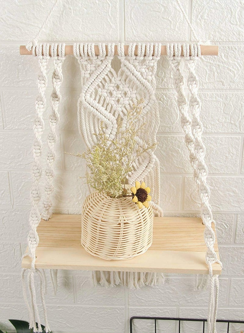 Excefore Wall Hanging Shelf Boho Decor Wood Floating Shelf for Bedroom Living Room Nursery Bathroom, Handmade Woven Rope Storage Rack for Photo Frames Plant Display  - Image 3
