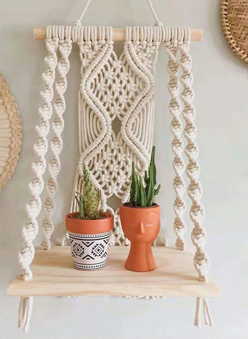 Excefore Wall Hanging Shelf Boho Decor Wood Floating Shelf for Bedroom Living Room Nursery Bathroom, Handmade Woven Rope Storage Rack for Photo Frames Plant Display  - Image 5