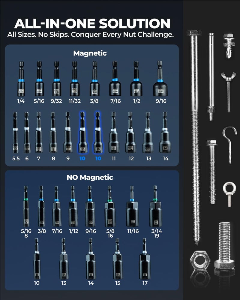 toolant Impact Magnetic Nut Driver Set, 38pcs Impact Driver Bit Set, Deep Nut Driver Set, Impact Socket Adapters, Wing Nut Driver, Bit Extension, 1/4'' Quick Change - Image 2