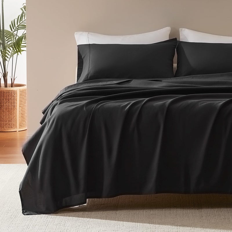 SLEEP ZONE Nanotex Super Soft Cooling Full Size Bed Sheets Set 4 Piece  Easy Care Fitted Flat Sheet  Pillowcase Sets  Wrinkle Free Fade Resistant Deep Pocket 16 Black Full