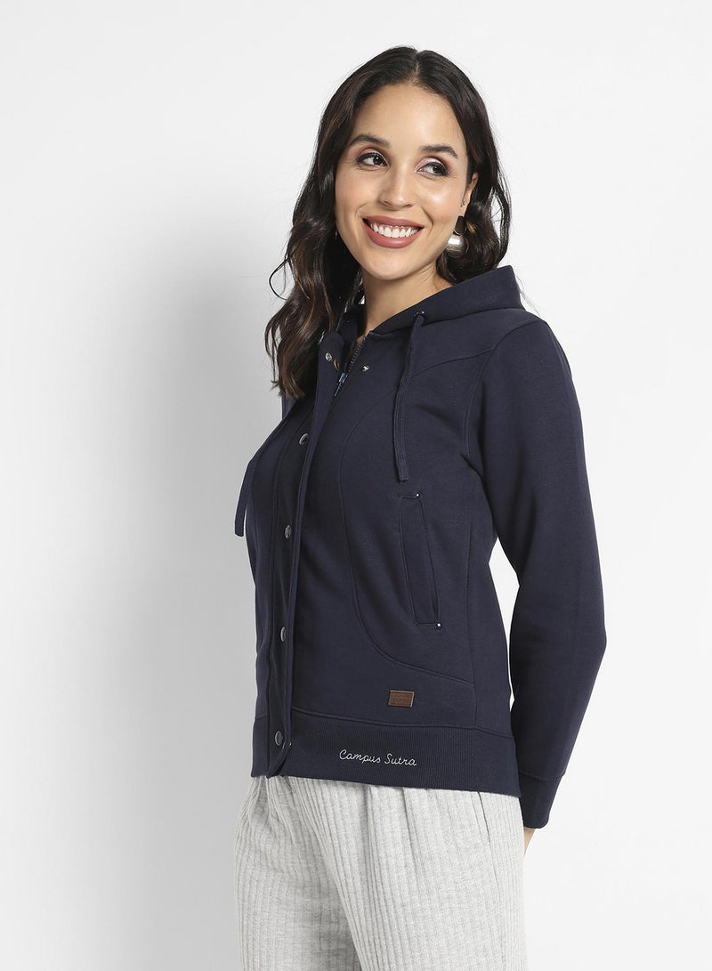 Campus Sutra Women's Navy Blue Hooded Jacket With Angled Open Pockets - Image 3