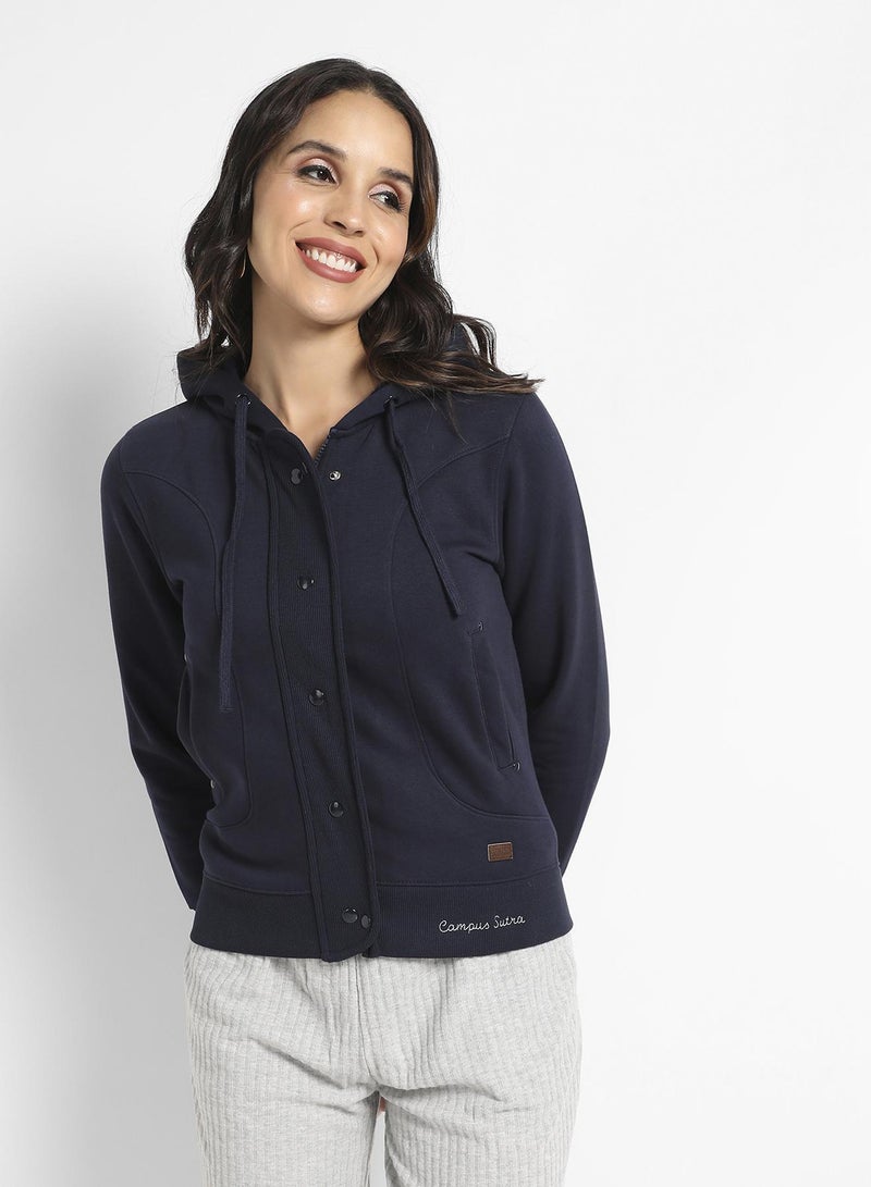 Campus Sutra Women's Navy Blue Hooded Jacket With Angled Open Pockets - Image 2