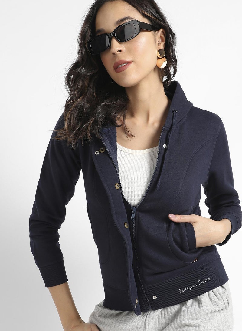Campus Sutra Women's Navy Blue Hooded Jacket With Angled Open Pockets - Image 1