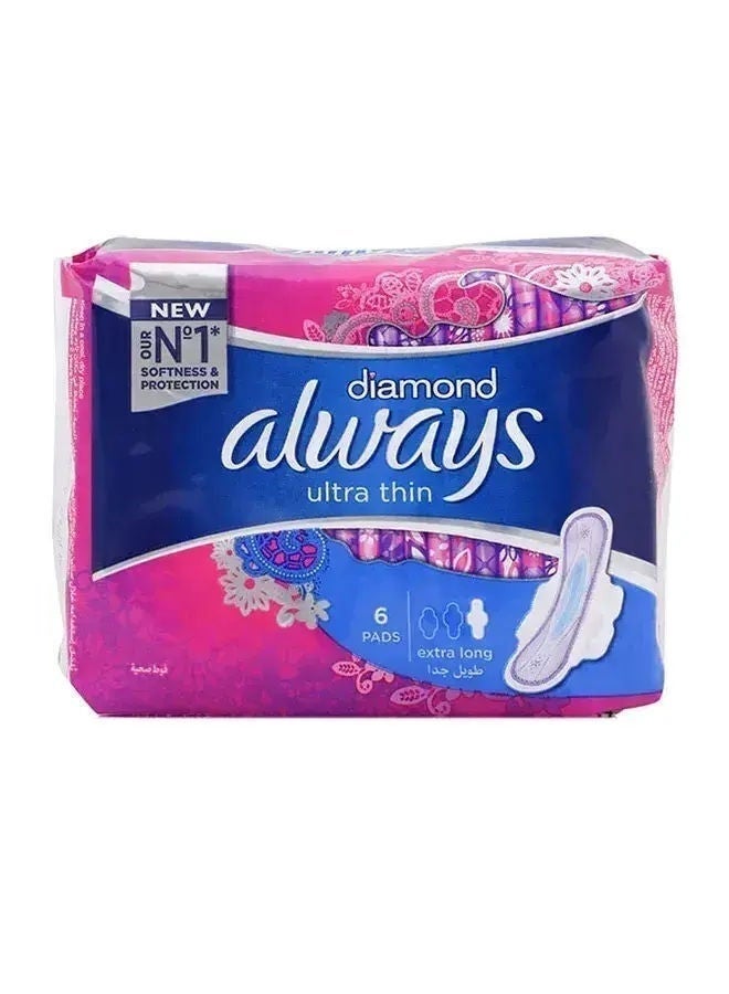 Always Diamond Ultra Thin Sanitary Pads With Wings, Extra Long, 6 Pcs