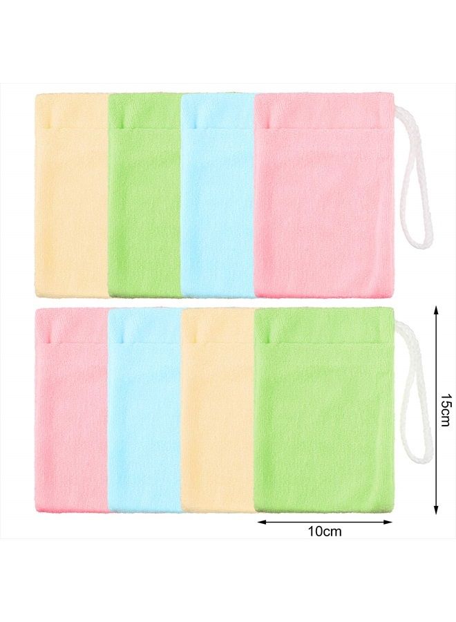 Shappy 8 قطع حقيبة حامل الصابون ميكروفايبر حقيبة تقشير الصابون حقيبة توفير الصابون المعلقة أكياس صابون ناعمة ملونة لتنظيف الجسم والوجه، 4 ألوان - Image 2