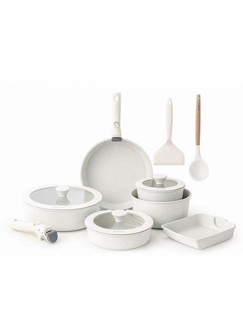 13 Piece Detachable Swiss Granite Coating Cookware Set, Non-Stick, PFOA/PFOS/APEO Free, 1X26Cm Deep Frying Pan With Lid, 1X20Cm Frying Pan, 1X26Cm Fry Pan, 1X16Cm Sauce Pan With Lid, 1X20Cm Sauce Pan With Lid,1Xgrill Pan, 2 Utensils, 2 Handles, White