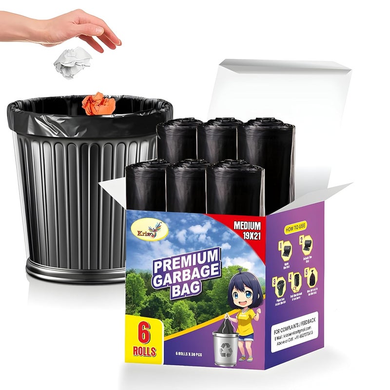 KRIZO Krizo Premium Garbage Bags Medium Size 180 Bags 6 Rolls X 30 Bags 19x21 inches Material Plastic For Dry and Wet Waste Black Dustbin BagTrash Bags  - Image 2