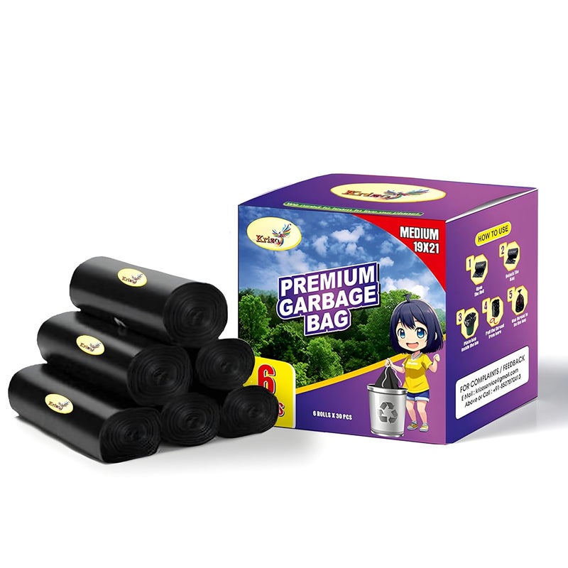 KRIZO Krizo Premium Garbage Bags Medium Size 180 Bags 6 Rolls X 30 Bags 19x21 inches Material Plastic For Dry and Wet Waste Black Dustbin BagTrash Bags  - Image 1