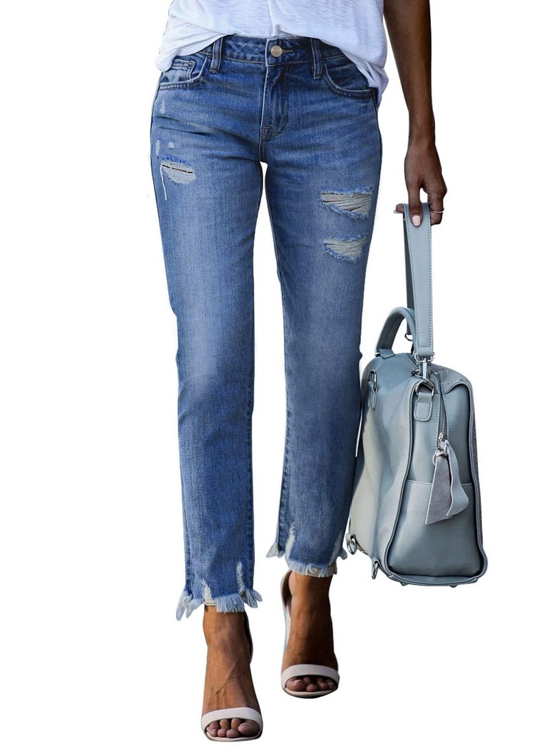 EVALESS Jeans for Women High Waisted Stretchy Ripped Distressed Tummy Control Straight Ankle Jean Capris 2025 Blue Size 12 - Image 1