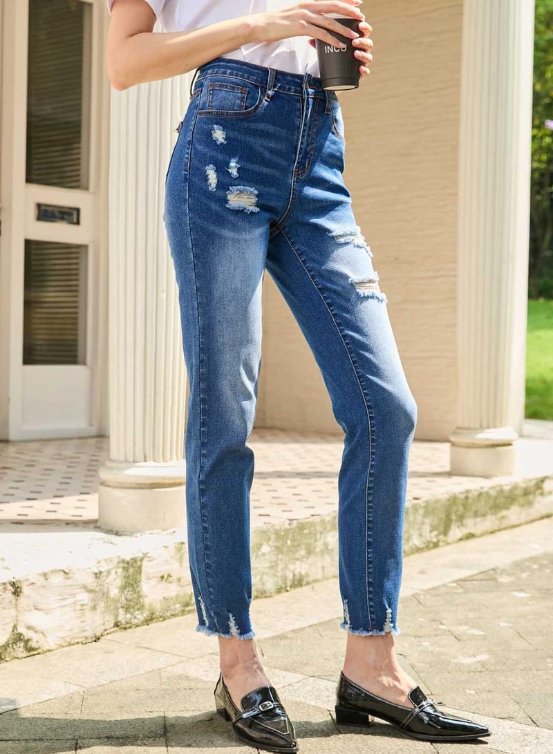 EVALESS Jeans for Women High Waisted Stretchy Ripped Distressed Tummy Control Straight Ankle Jean Capris 2025 Blue Size 12 - Image 3