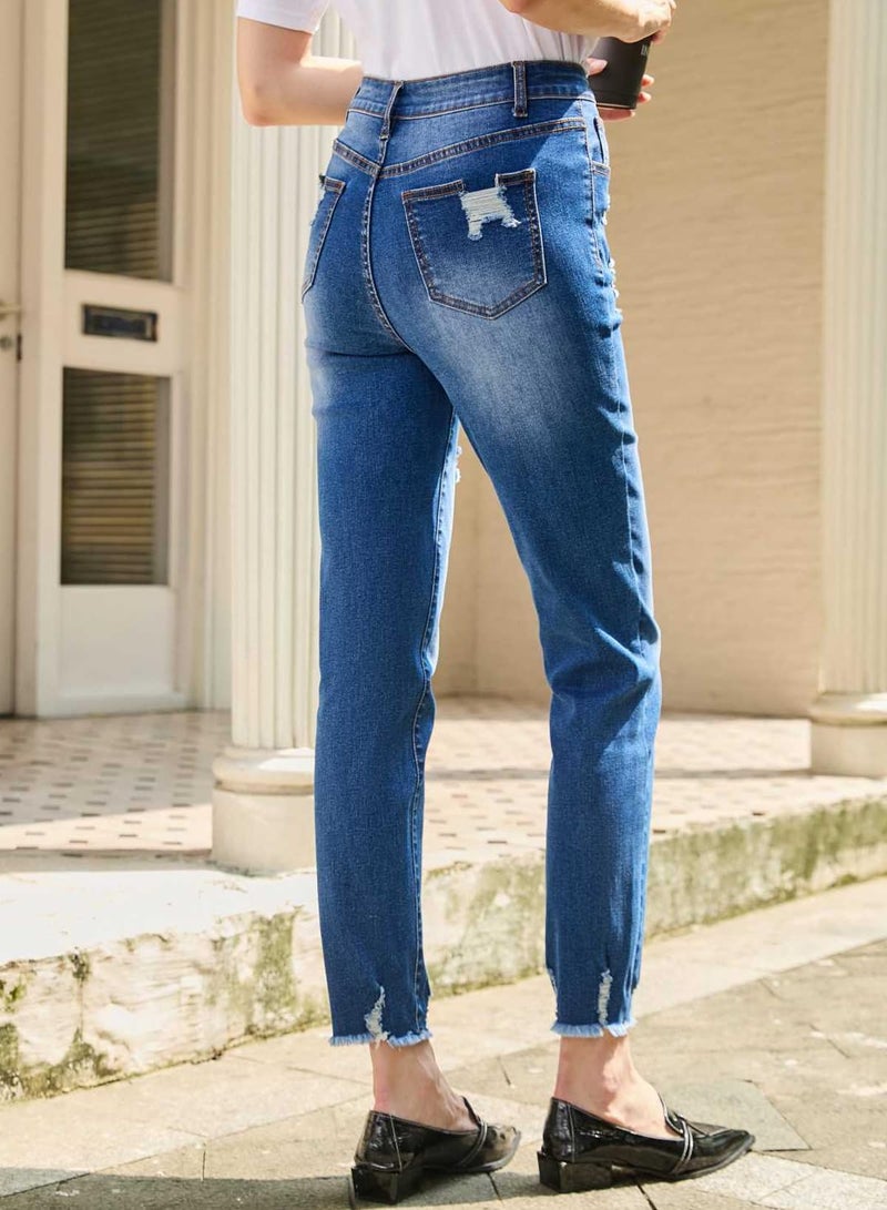 EVALESS Jeans for Women High Waisted Stretchy Ripped Distressed Tummy Control Straight Ankle Jean Capris 2025 Blue Size 12 - Image 4
