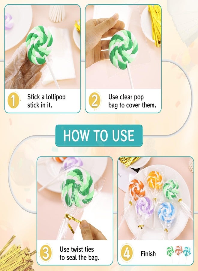 AENTGIU Cake Pop Thick Sticks and Wrappers Kit, Including 100ct 6-inch 5mm Diameter Paper Lollipop Sticks, 100ct Clear Candy Bags Parcel, 100ct Gold Twist Ties for Cakepop, Lollipop, Hard Candy - Image 4