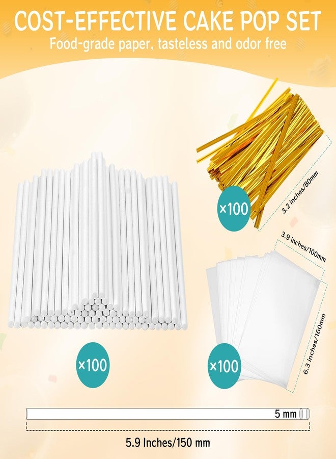 AENTGIU Cake Pop Thick Sticks and Wrappers Kit, Including 100ct 6-inch 5mm Diameter Paper Lollipop Sticks, 100ct Clear Candy Bags Parcel, 100ct Gold Twist Ties for Cakepop, Lollipop, Hard Candy - Image 2