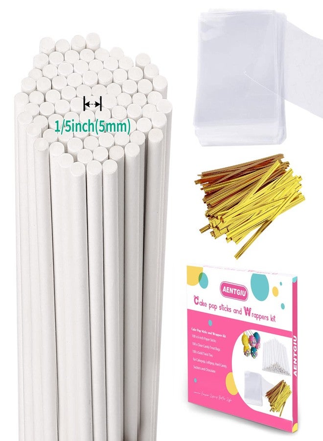 AENTGIU Cake Pop Thick Sticks and Wrappers Kit, Including 100ct 6-inch 5mm Diameter Paper Lollipop Sticks, 100ct Clear Candy Bags Parcel, 100ct Gold Twist Ties for Cakepop, Lollipop, Hard Candy - Image 1