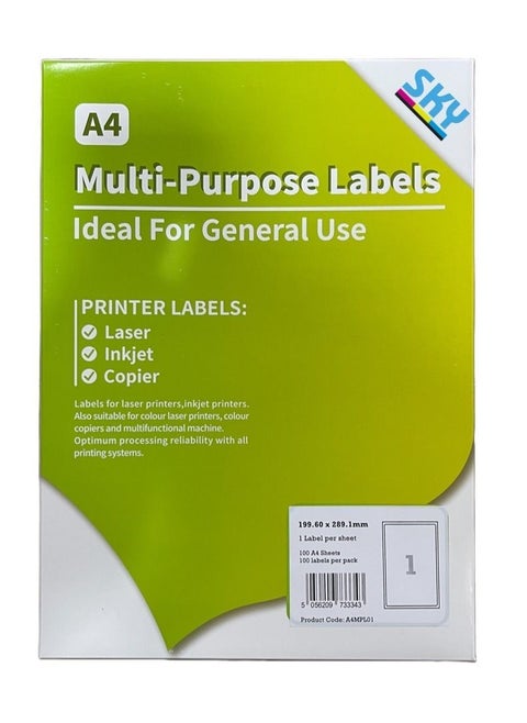 SKY A4 Sticker Paper 100 Sheets White- Multi Purpose Labels suitable for inkjet and Laser printers
