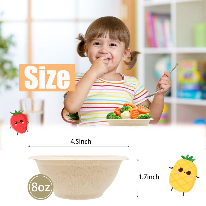 Zddaoole 100 Pack 8oz Compostable Paper Bowls,Heavy-Duty Disposable Natural Bagasse Bowls,Biodegradable Soup Bowls,Eco-Friendly,Heat Resistant,for Ice Cream,Salad,Soup,Snack,Dessert,Pasta,Hot or Cold Use - Image 2