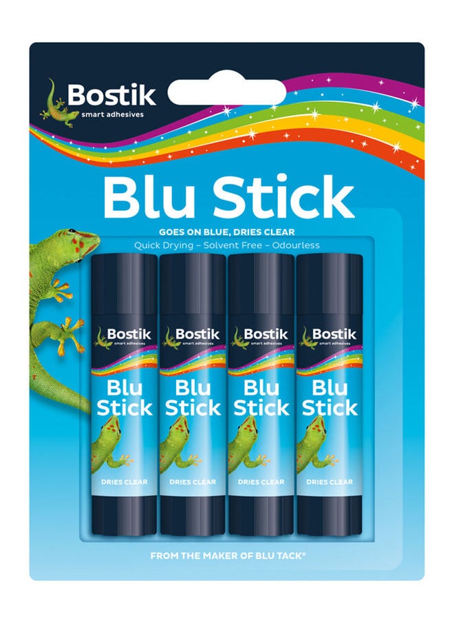 Bostik Bostik Blu Stick Glue Sticks, Goes on Blue, Dries Clear, Solvent Free, Washable, 4 x 8g sticks  - Image 1