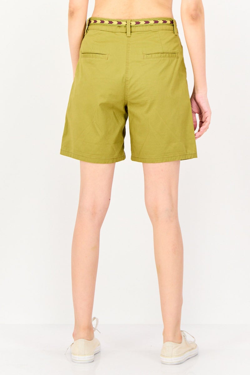 promod Women Solid Basic Shorts With Belt, Olive - Image 3