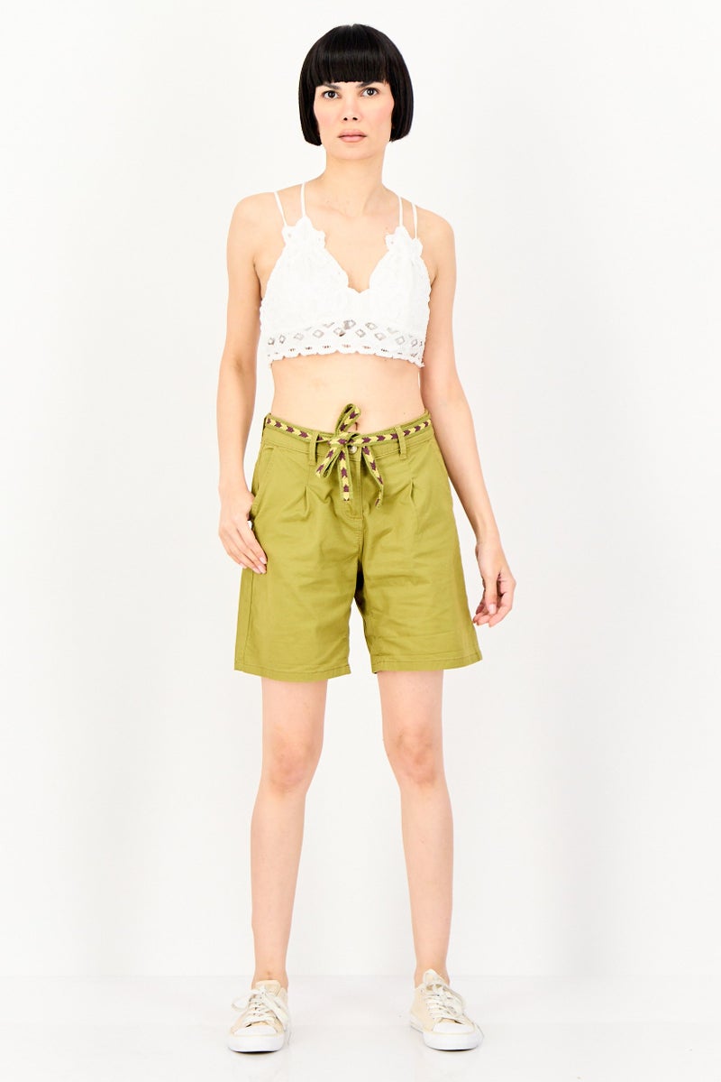 promod Women Solid Basic Shorts With Belt, Olive - Image 4