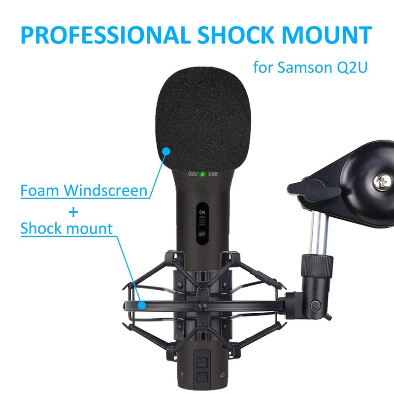 SUNMON Q2U Microphone Shock Mount Holder with Foam Windscreen for Absorbe Vibration and Noise, Pop Filter Suitable for Samson Q2U USB/XLR Dynamic Mic - Image 2