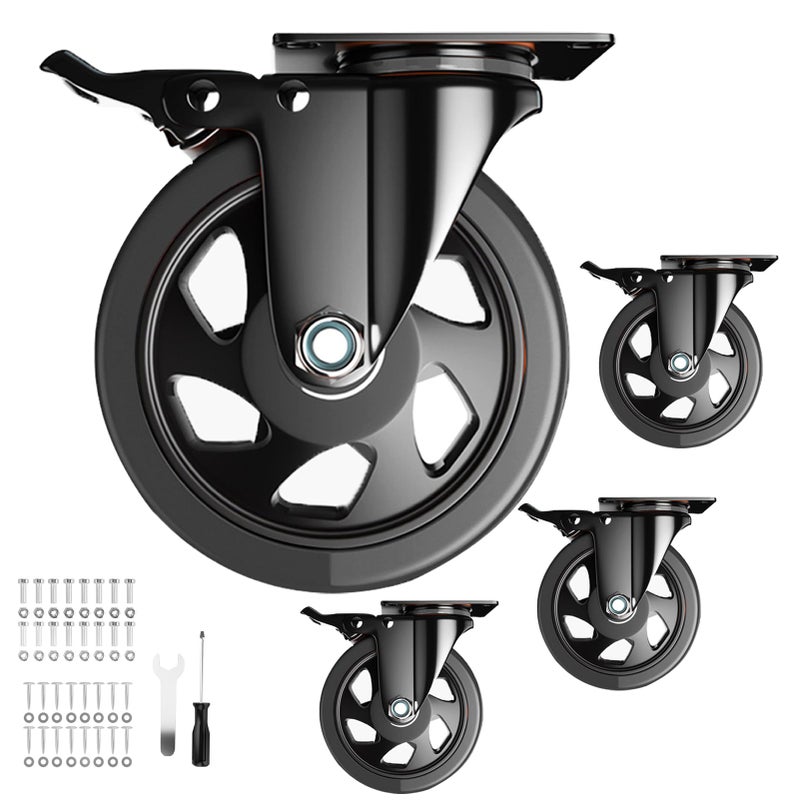 YUPEZOP 5 Inch Swivel Caster Wheels Set of 4 Heavy Duty Locking Industrial Casters with Brake Black Stainless Steel Polyurethane Double Safety Brakes and 360 Swivel for Maximum Flexibility - Image 2