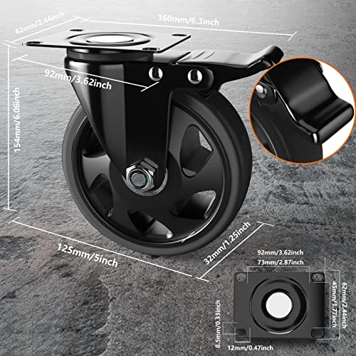 YUPEZOP 5 Inch Swivel Caster Wheels Set of 4 Heavy Duty Locking Industrial Casters with Brake Black Stainless Steel Polyurethane Double Safety Brakes and 360 Swivel for Maximum Flexibility - Image 3