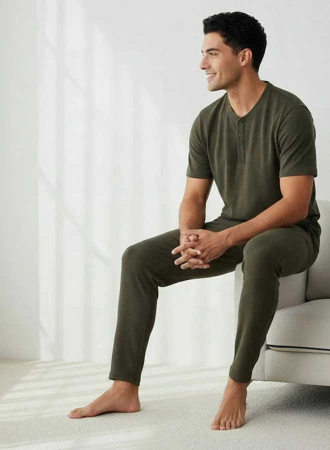 Splash FAV Men Cotton Waffle Textured Henley Neck Nightwear Set