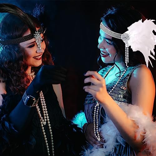Seematn 18 Pcs Flapper Accessories Flapper Headband Feather Headpiece for Women, Pearl Bead Necklaces (Black, White) - Image 5