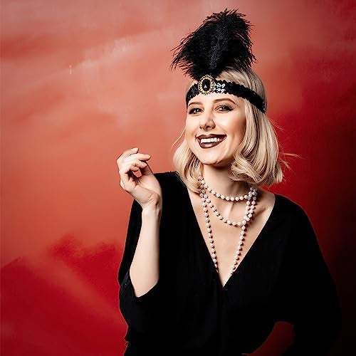 Seematn 18 Pcs Flapper Accessories Flapper Headband Feather Headpiece for Women, Pearl Bead Necklaces (Black, White) - Image 4
