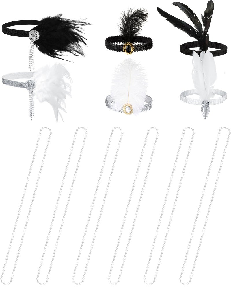 Seematn 18 Pcs Flapper Accessories Flapper Headband Feather Headpiece for Women, Pearl Bead Necklaces (Black, White) - Image 1