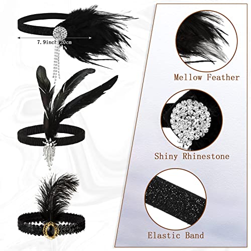 Seematn 18 Pcs Flapper Accessories Flapper Headband Feather Headpiece for Women, Pearl Bead Necklaces (Black, White) - Image 3