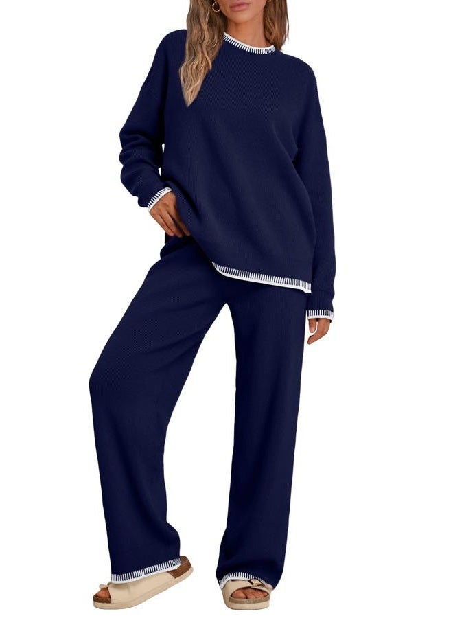 LILLUSORY 2 Piece Knit Lounge Sets Womens Matching Sweater Sets, Navy Blue, M - Image 1