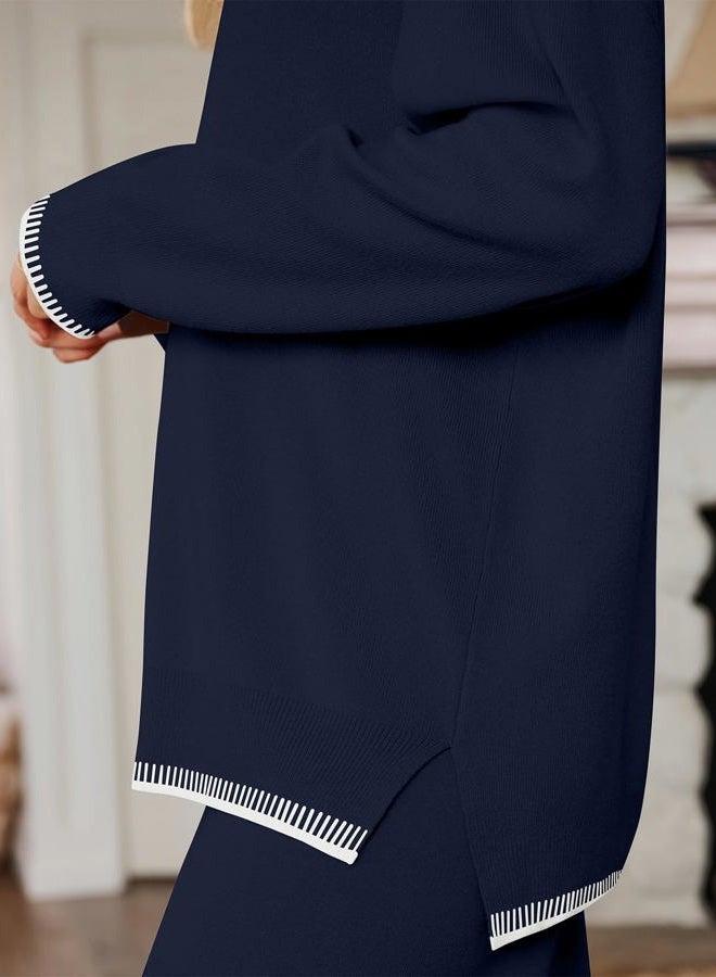LILLUSORY 2 Piece Knit Lounge Sets Womens Matching Sweater Sets, Navy Blue, M - Image 5