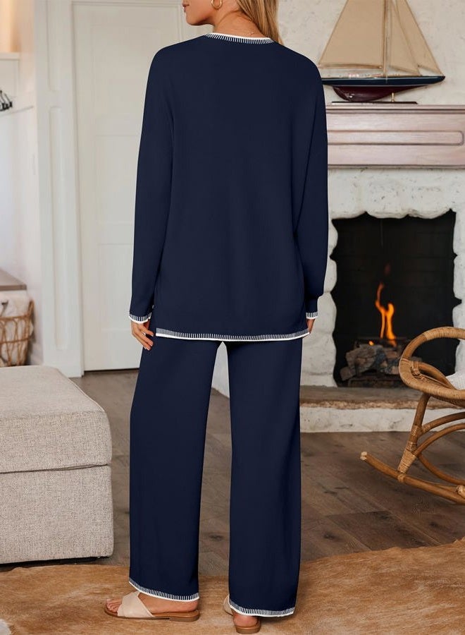 LILLUSORY 2 Piece Knit Lounge Sets Womens Matching Sweater Sets, Navy Blue, M - Image 4