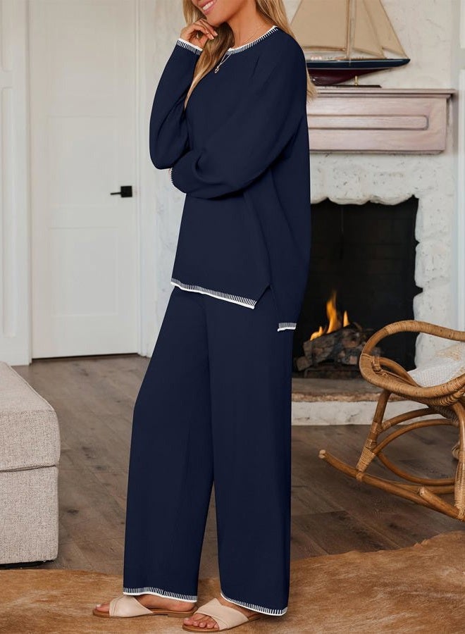 LILLUSORY 2 Piece Knit Lounge Sets Womens Matching Sweater Sets, Navy Blue, M - Image 3