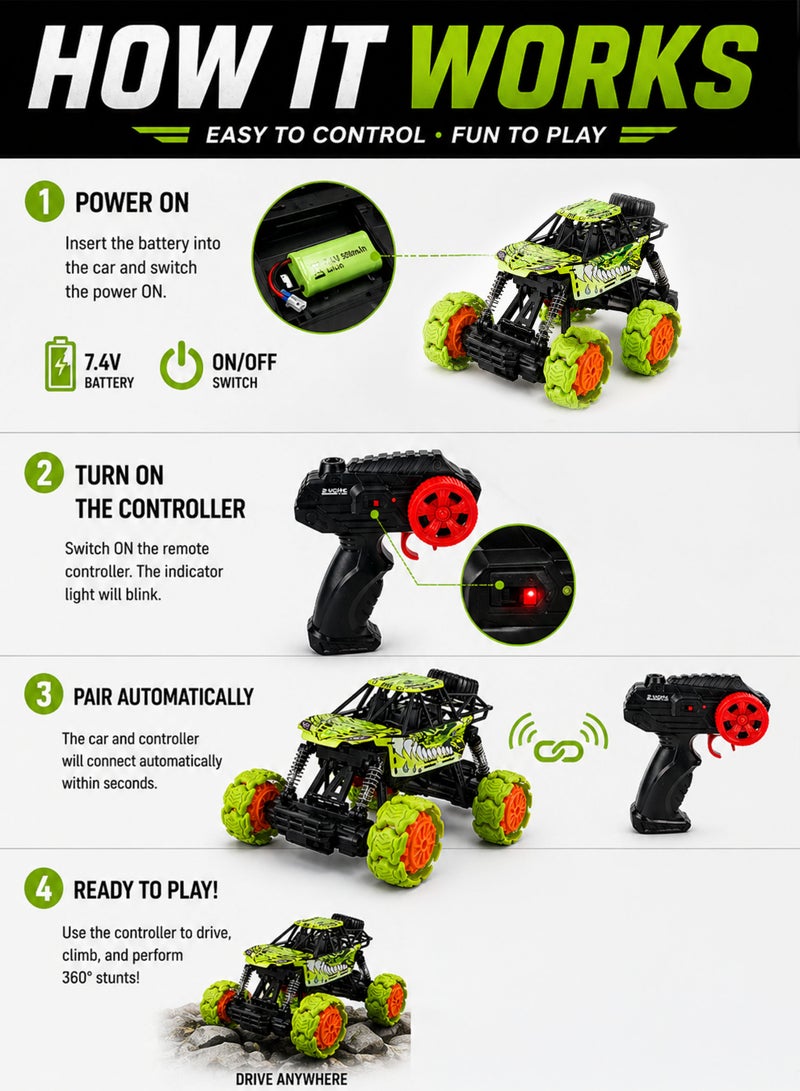 Funsterz 1:16 Scale RC Off Road Stunt Car 4WD All Terrain Remote Control Climbing Jeep for Kids with Transforming Wheels 360° Rotation Light Effects Shock Absorber Suspension 2.4GHz Wireless Controller 20M Control Range Rechargeable 7.4V 500mAh Battery USB Charging High Speed Rock Crawler Monster Truck Toy for Boys Girls Indoor Outdoor Play - Image 4